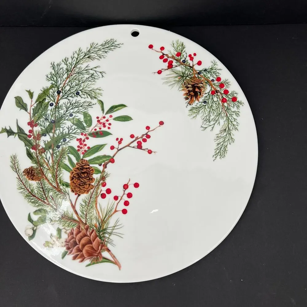 Williams Sonoma Woodland Berry Pinecone cake quiche serving plate and wall art